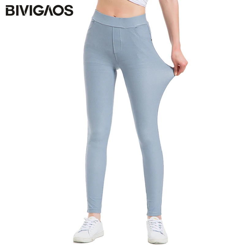 

BIVIGAOS 2019 Summer Rivet Pocket Leggings Light Color High Waist Pencil Pants Jeans Plus Size Trousers Women Skinny Jeggings