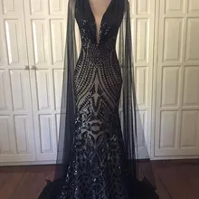 Элегантное Длинное черная Русалка арабское выпускное платье с накидкой рукава высокая шея Замочная скважина Черный для девочек длинные Выпускной платье праздничные платья