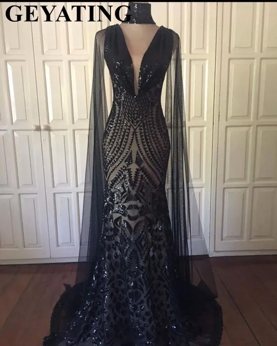 

Elegant Long Black Mermaid Arabic Prom Dresses with Cape Sleeves High Neck Keyhole Black Girls Long Graduation Dress Gala Gowns
