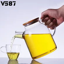 1000ml/1800ml Glass Kettle Water Jug Heat Resistant Flower Teapot With Bamboo Lid Stainless Steel Filter Clear Juice Container