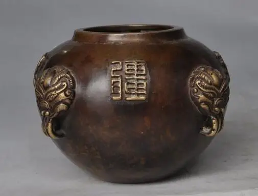 

S2667 old china Buddhism Temple Pure bronze copper 4 beast Jar incense burner Censer