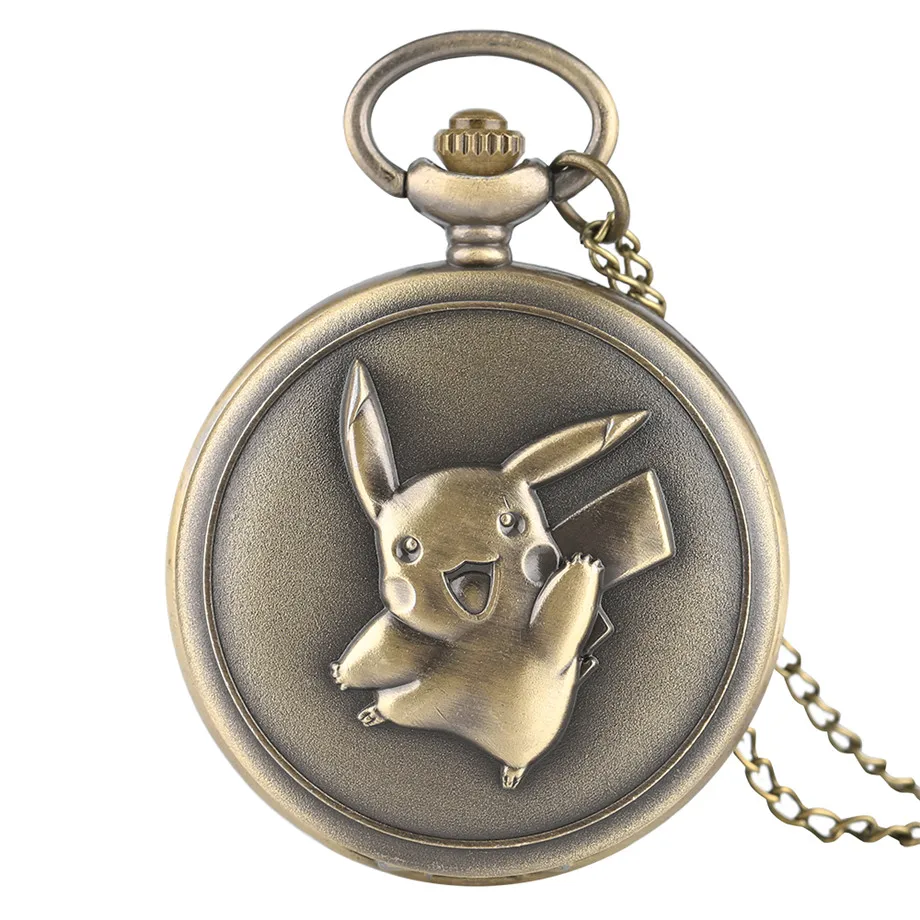 

Full Hunter Hot Sale Cute Pikachu Design Quartz Fob Pocket Watch for Children with Necklace Chain Bronze Pendant Clock Gift Kid