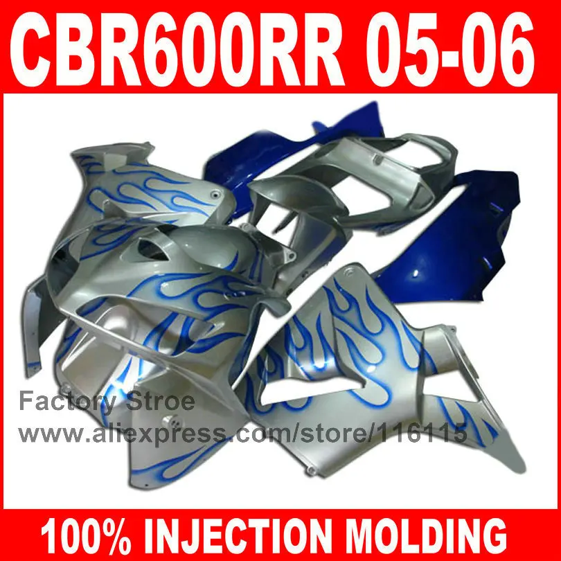 

ABS Injection mold motorcycle fairings  for HONDA CBR 600 RR 2005 2006 CBR600RR 05 06 blue flame in silver fairing kit