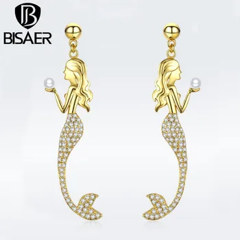 

BISAER Silver Color Gold Color Mermaid Tail Story Stud Earrings for Women Mermaid Love Fashion Vintage Earrings Jewelry WEYE118