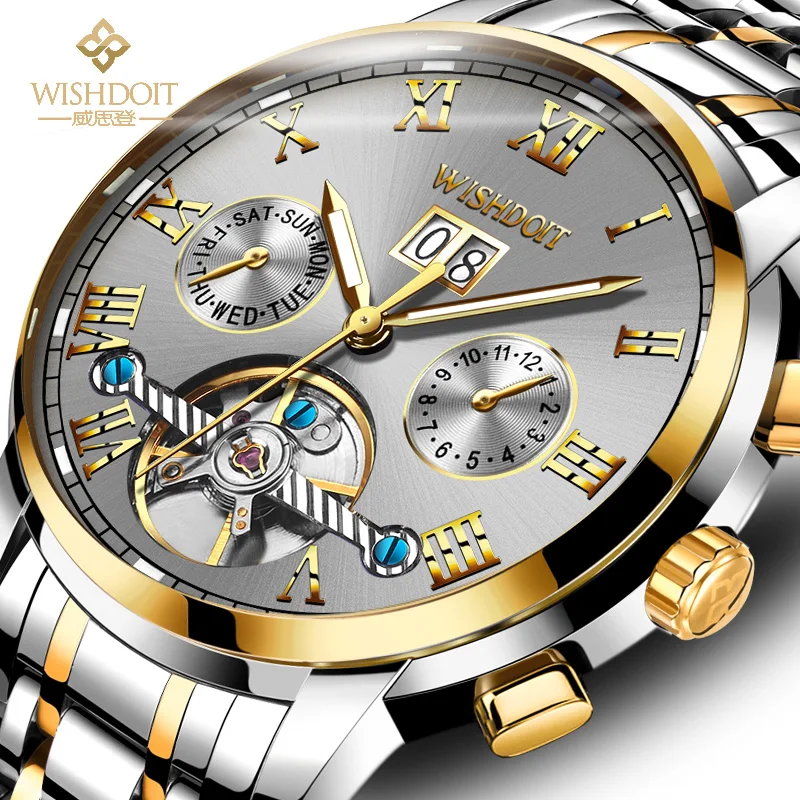 

WISHDOIT Business Mechanical Watches Mens Skeleton Tourbillon Automatic Watch Men Gold Steel Calendar Waterproof Relojes Hombre