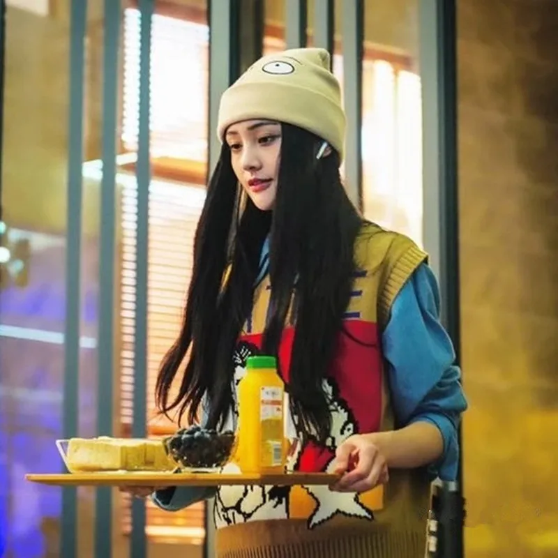 Spring 2019 My Nanny Manual Zheng Shuang The Same Sweater Women Vest Cartoon Jacquard Vest Sweater Women