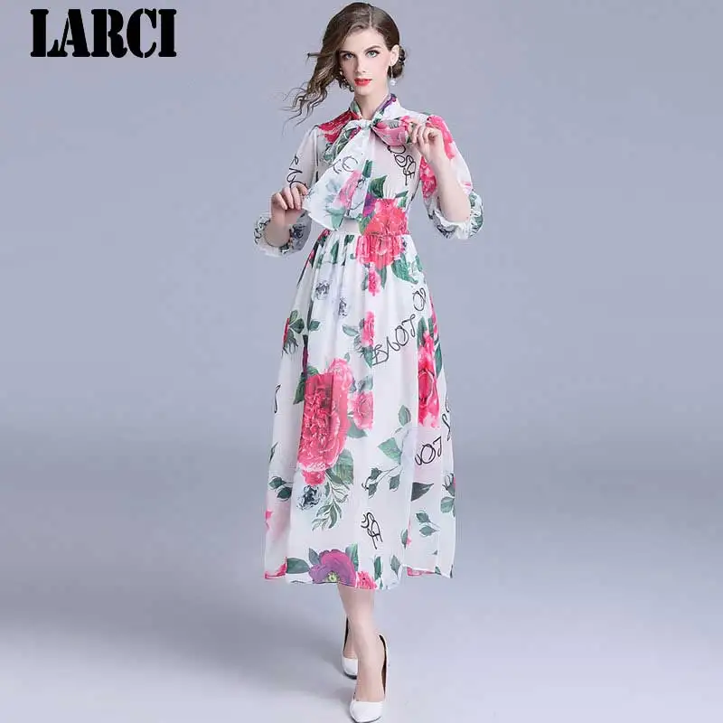 LARCI 2018 Новая мода Длинные платья для женщин Элегантный Flare рукавом цветочный