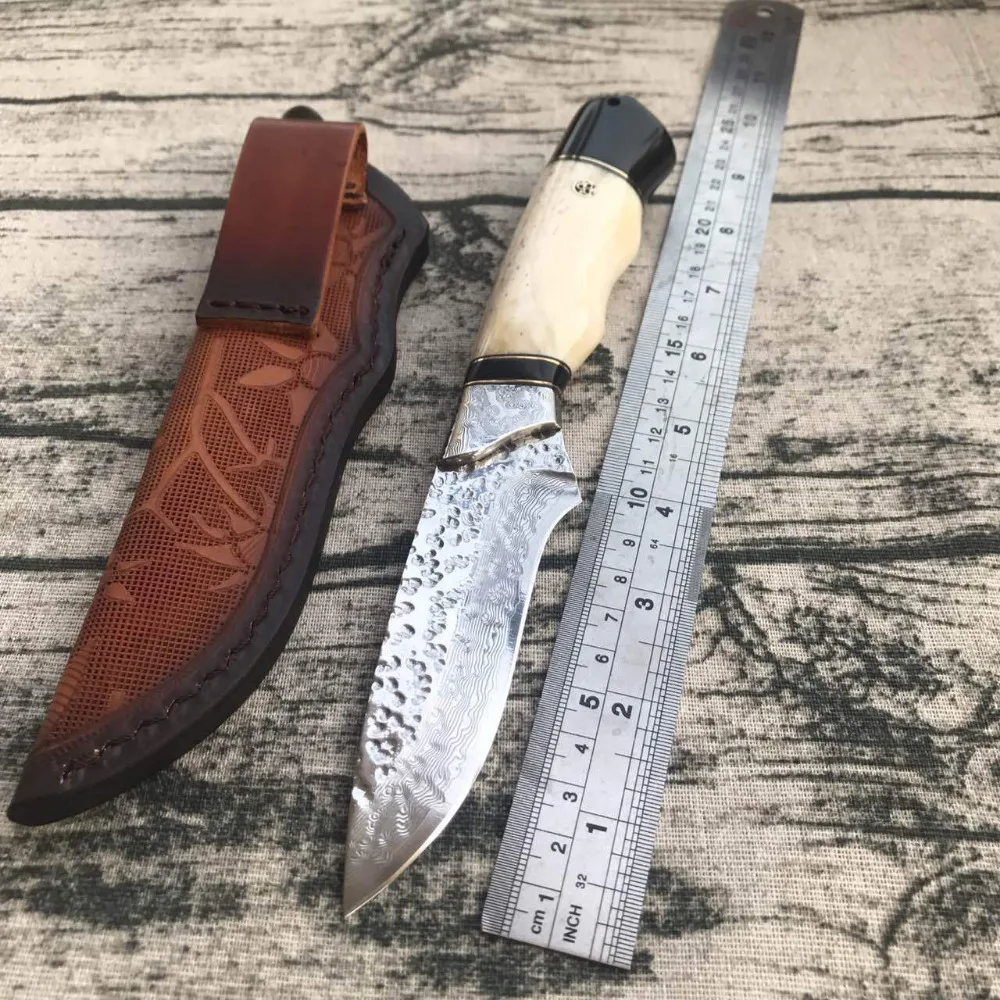 

High Hardness Straight damascus Knife Portable Outdoor Camping Hunting Knives with Leather Sheath Survival Tools handmade gift