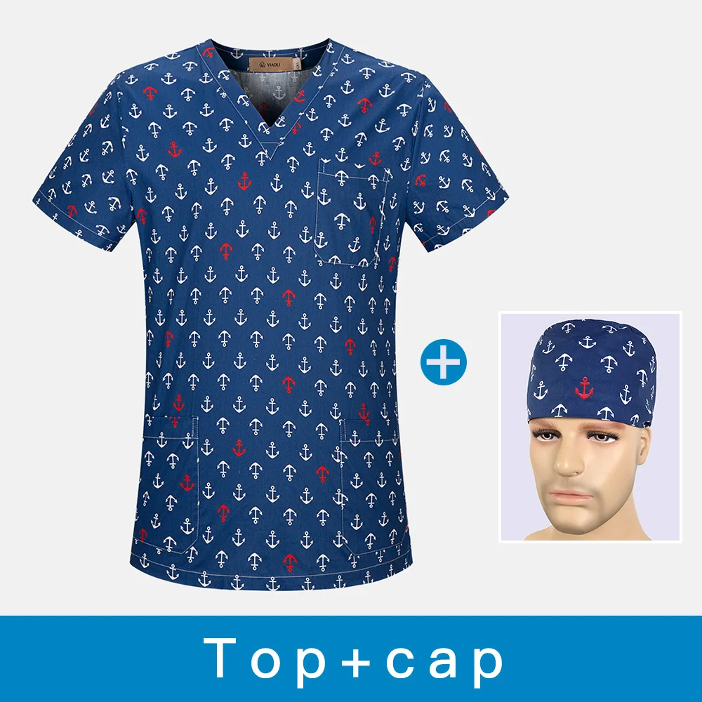 Unisex V-Neck Cotton Breathable Scrub Top Printing Surgical Medical Uniform Hospital Nurse doctor Scrub Tops For Women and men - Цвет: top cap