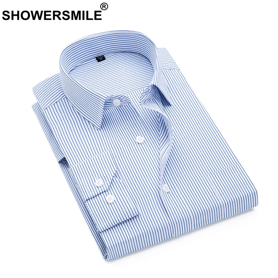 

SHOWERSMILE Shirts Men Striped Dress Shirt Blue Slim Fit Long Sleeve Business Formal Shirts Male Autumn Plus Size 3XL 4XL 5XL