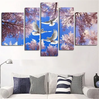 

Canvas 5 Panels Art Wall Modular Painting Landscape Cherry Trees Dove Modern Pictures Printed Home Decor Unframed