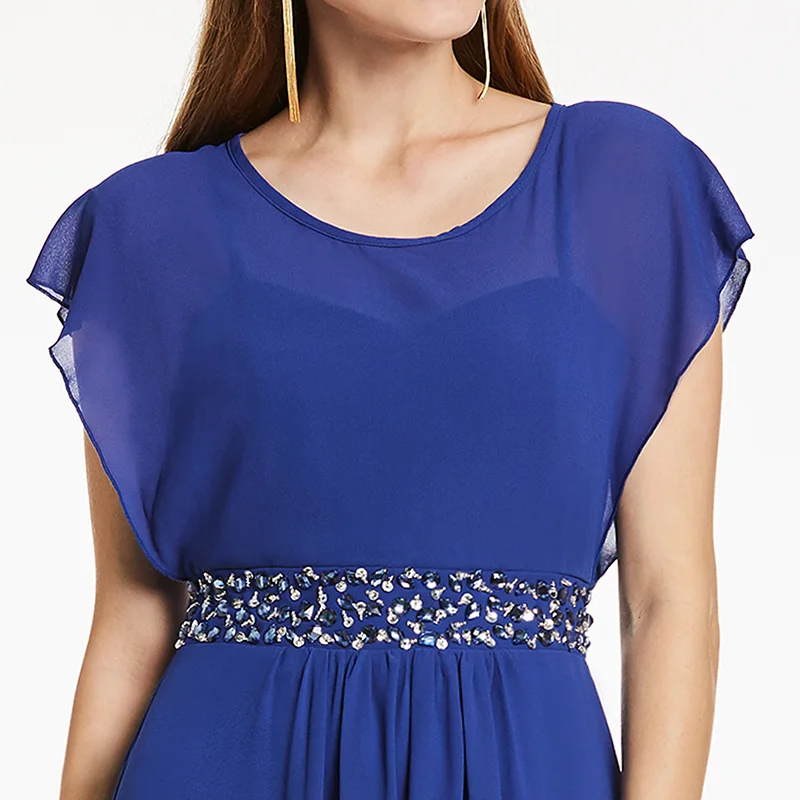 Танпелл совок шеи вечернее платье Королевский синий колпачок рукава длиной до пола линия платье Дешевые женщины бисером выпускного вечера