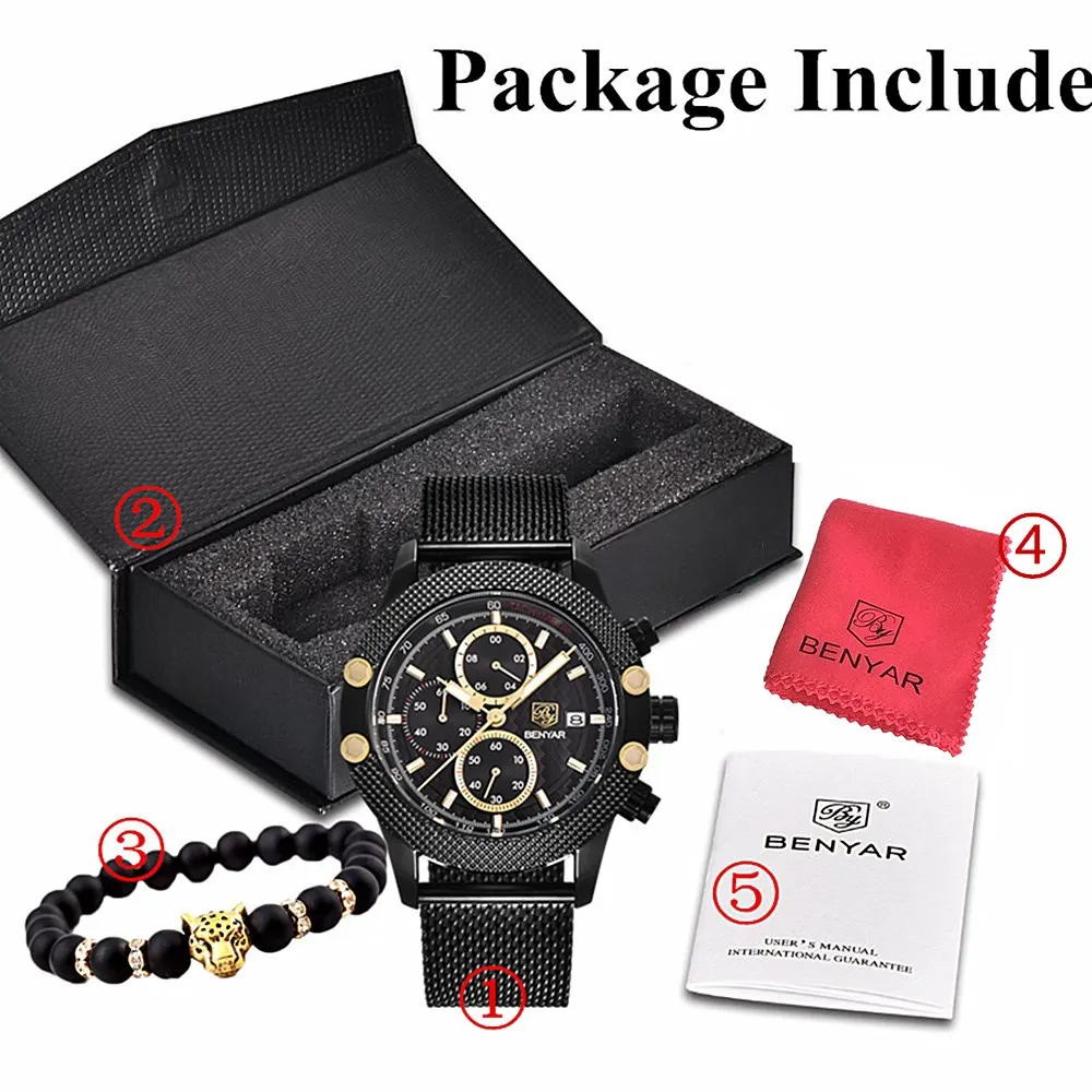 Cena BENYAR zegarek męski kwarcowy chronograf zegarki biznes zegar siatka stalowa zegarki na rękę pasek stalowy wodoodporny zegarek mężczyźni Saat