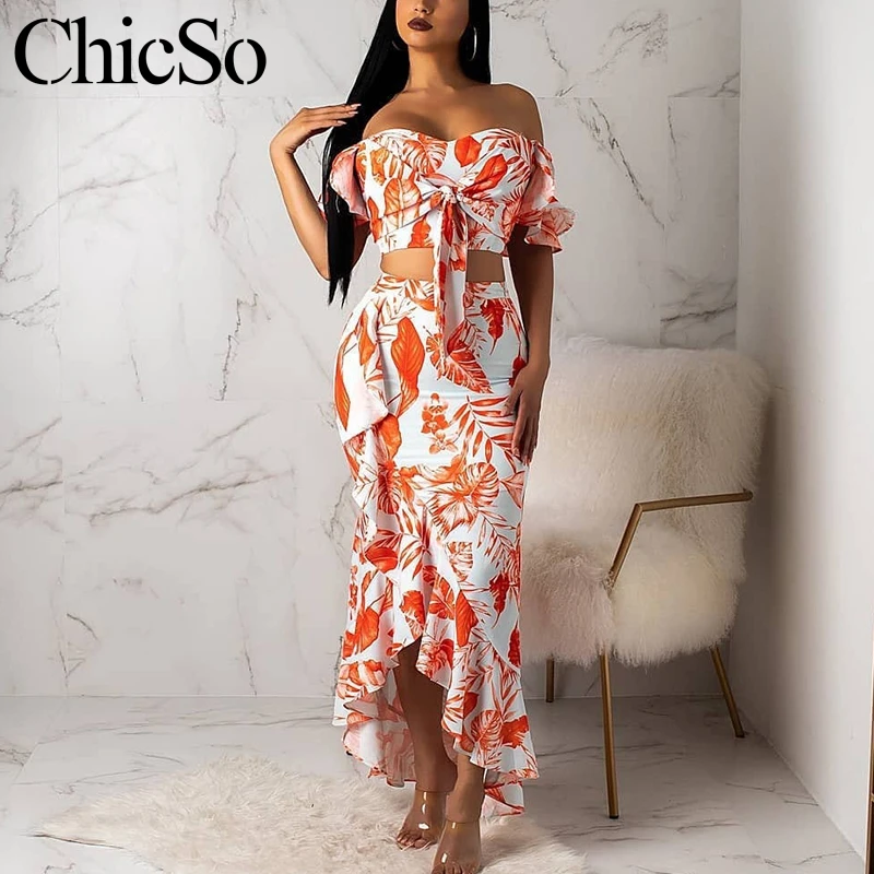 

MissyChilli Two-piece suit floral print beach dress Women off shoulder bandage ruffle boho dress Summer elegant long dress sexy