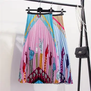 

Fashion Women Vintage Skirts 2019 New Summer Finger Flower Printing Midi Skirt Womens Elastic Waist Pleated Skirt