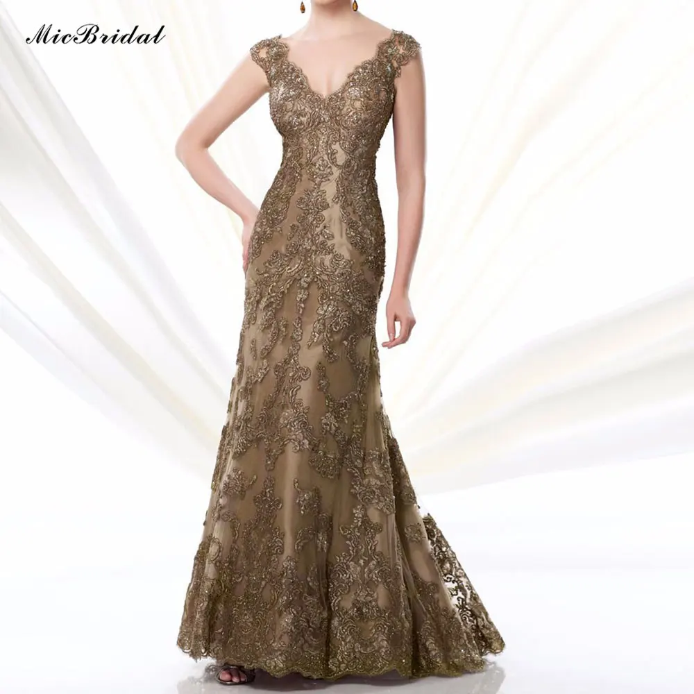 Stunning Cap Sleeves Gold Lace Mermaid Mother of the Bride