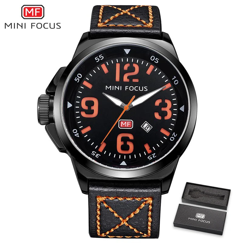 

MINIFOCUS Mens Watches Top Brand Luxury Quartz Clock Genuine Leather Strap Date Display Arabic Number Left-handed Wrist Watch