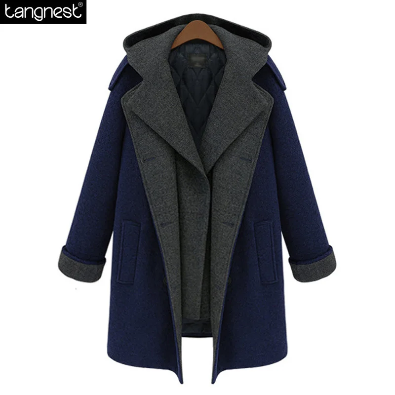 TANGNEST Hooded Winter Pea Coat Women 2017 Thick Warm Button Up Single Breasted Woolen Coats 