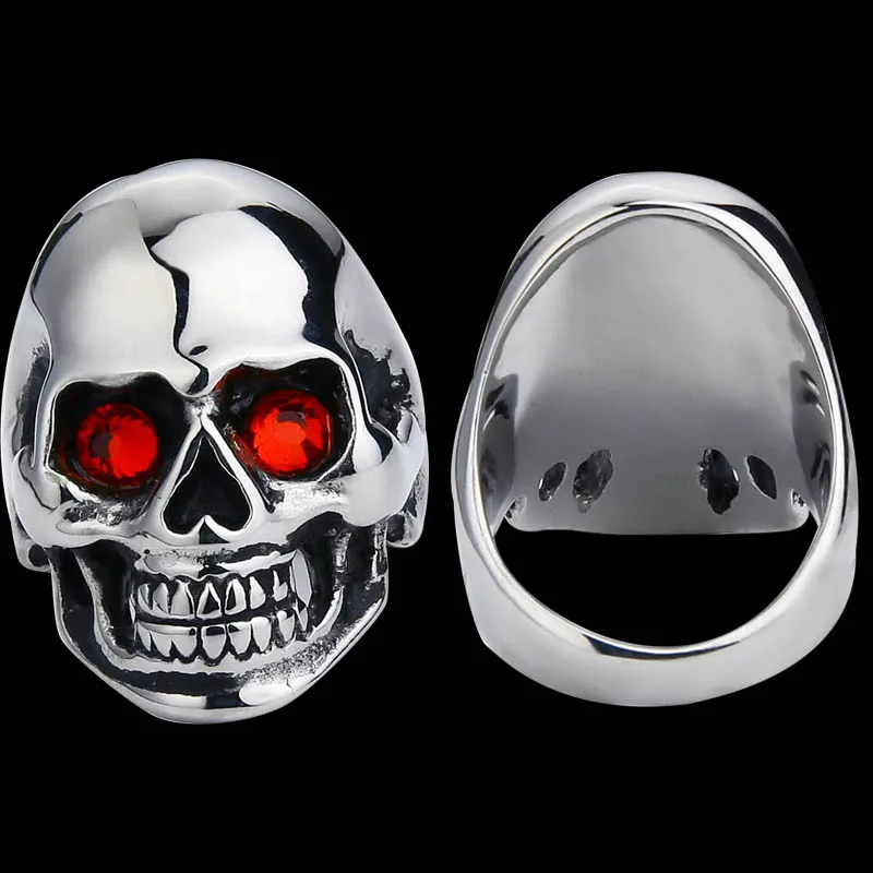 Men's Solid Skull Ring Gothic Punk Biker Rider Red/Blue Eyes Ring Vintage Stainless Steel Skeleton Finger Band Rings Men Jewelry