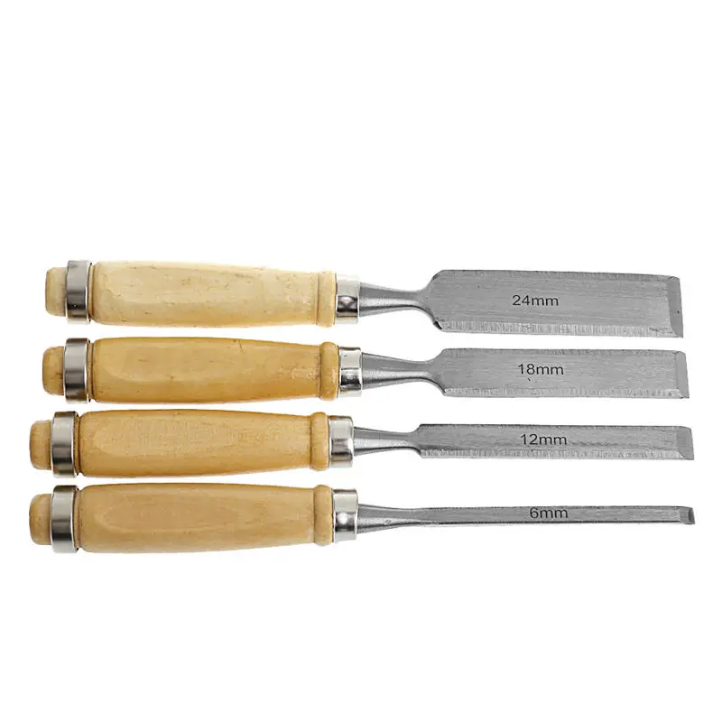 4Pcs/set 6/12/18/24mm Wood Flat Chisel DIY Carving Set Woodworking Handle Tool