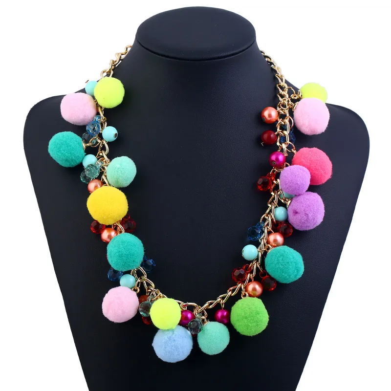 

Fashion Pom Pom Cotton Tassel Pompon Necklace with Beads Ball Ethnic Colorful Necklace Bohemian Boho Collares Etnicos Bohemios
