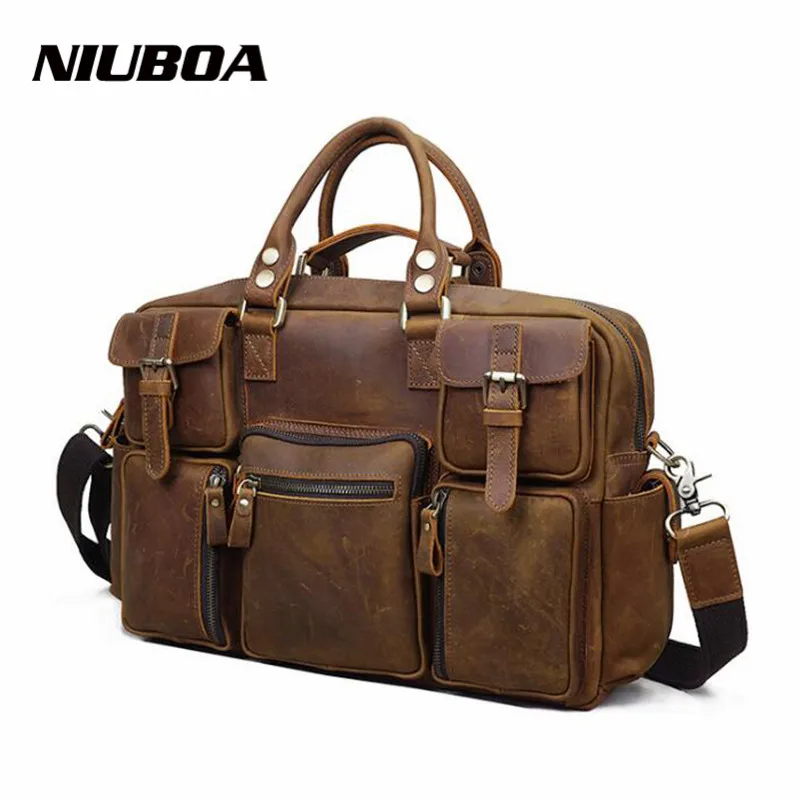 NIUBOA 100% коровья кожа мужская сумка винтажная Crazy Horse кожаная через плечо деловая