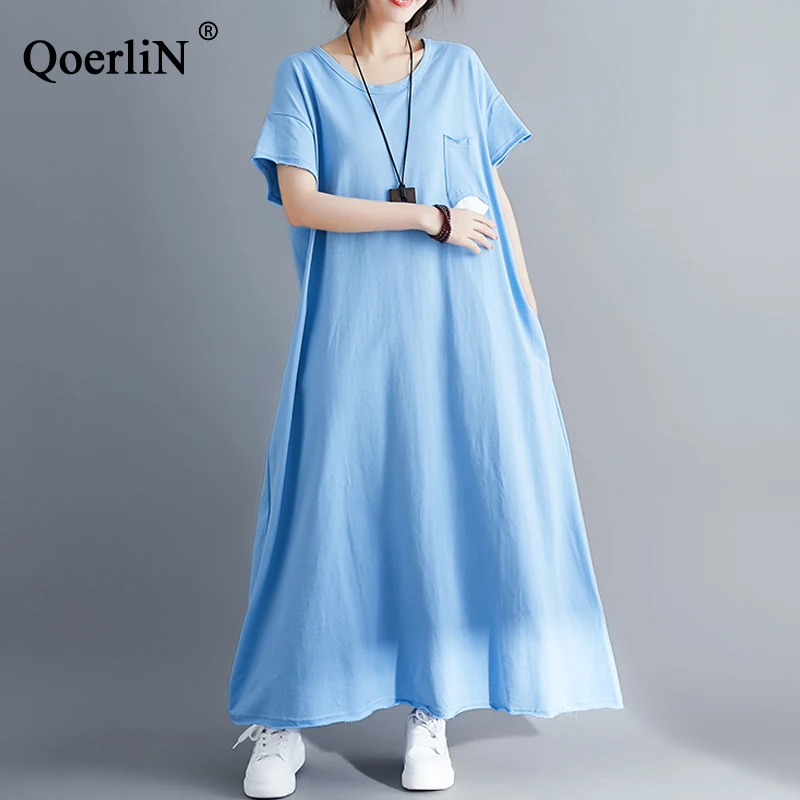 

QoerliN Solid Long Dress Women Maxi Short Sleeve Loose Casual Dress Big Size Large Size Black Summer Vestidos Street Wear L-XL
