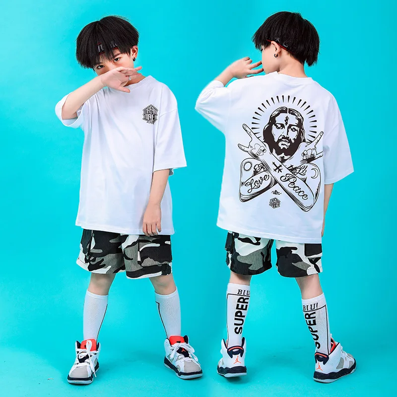 

Children's street dance set boy hiphop jazz dance costume summer boy handsome short sleeve performance clothing