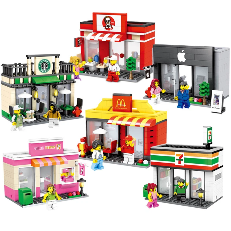 

Retail Store Compatible Legoing Architecture City miniature Street View Food Shop Cafe Dinner Restaurant Building Blocks toys