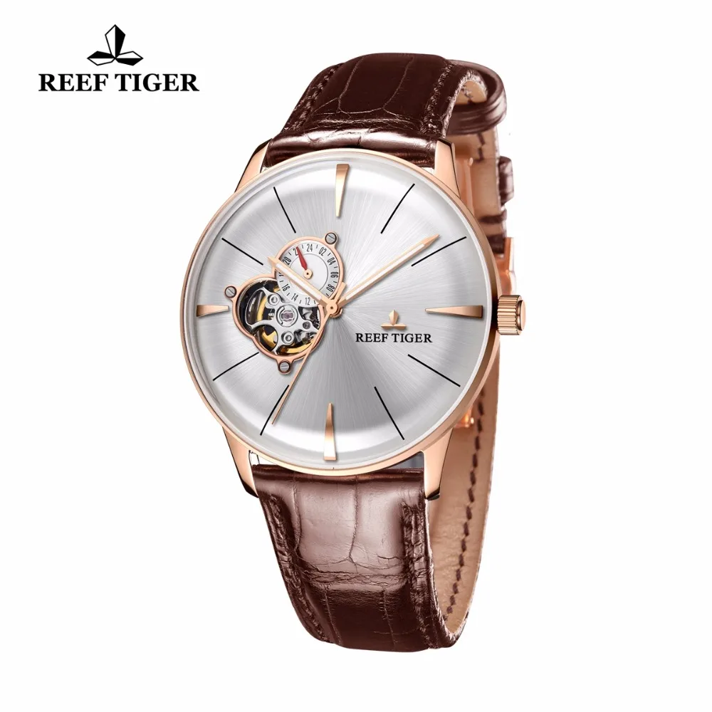 Reef Tiger/RT Роскошные повседневные часы для мужчин розовое золото Tourbillon выпуклые часы с линзой ремешок из натуральной кожи RGA8239