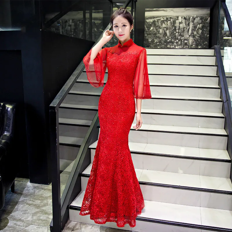 

Long Cheongsams Chinese Wedding Dress for Women Fashion Qipao Evening Dress Traditional Oriental Style Slim Retro Dresses