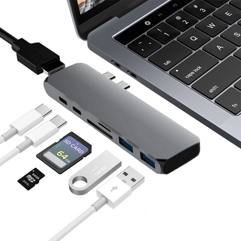 

Dual Type-C USB C HUB To HDMI Adapter 4K Thunderbolt 3 With TF SD Reader Slot PD Charging For MacBook Pro Type C USB 3.0 HUB