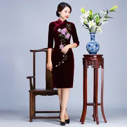 Винтаж Для женщин Цветочный бархат Qipao воротник-стойка китайский Стиль платье Элегантный Новый Cheongsam Одежда для представлений