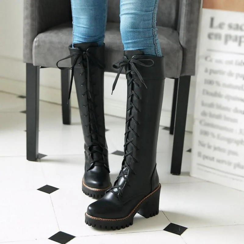 KemeKiss/размер 33-43, женские сапоги на высоком каблуке теплые зимние сапоги до колена на меху со шнуровкой модная классическая женская обувь на платформе