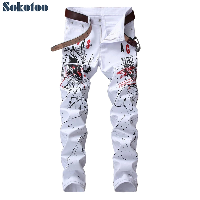 

Sokotoo Men's wolf printed white jeans Fashion casual slim colored drawing stretch pants