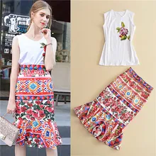 women runway designer clothing set 2017 white tank tops and mid-calf floral printed skirts 2 piece set sleeveless blouses skirts