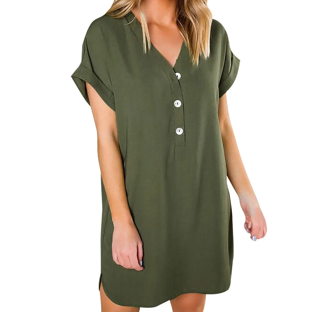 

2019 Summer Autumn Women Beach Dress Polyester Casual Solid Dress V-Neck Short Sleeve Loose Dresses Sundress L701