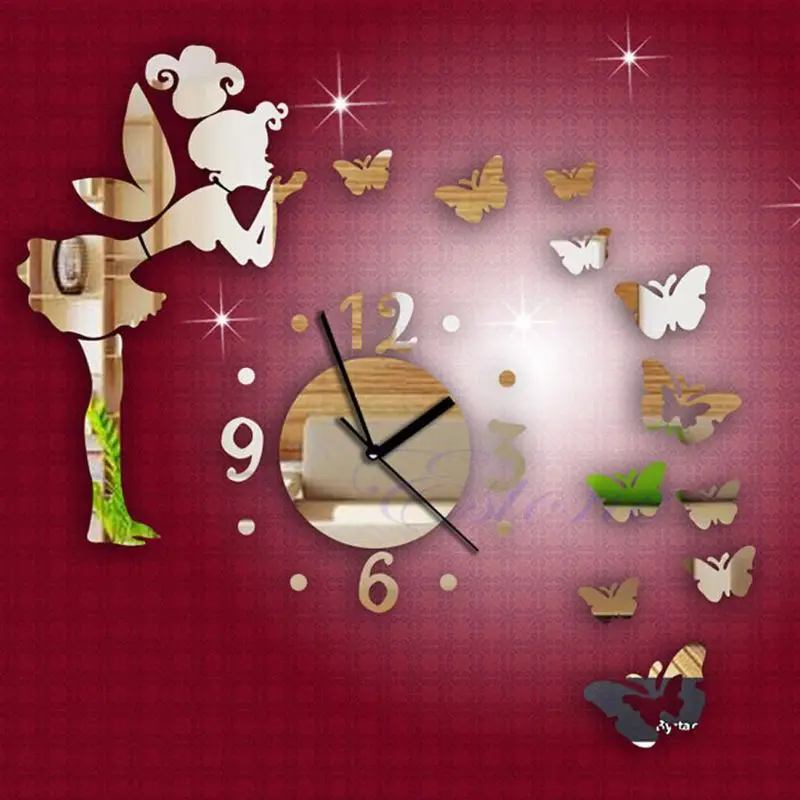 Modern Butterfly Fairy Clock DIY 3D Art Mirror Wall Sticker Kids Room Home Decor Modern Butterfly Fairy Clock DIY 3D Art Mirror Wall Sticker Kids Room Home Decor