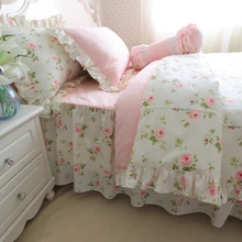 Vintage rosa floral con volantes ropa de cama edredón cubierta conjunto 100% algodón tamaño doble reina rey niñas juego de cama falda de cama y almohada shams