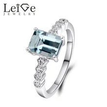 Leige Jewelry Natural Aquamarine Ring Emerald Cut 925 Sterling Silver Rings for Women Wedding Anniversary Gift March Birthstone