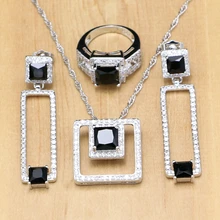 Свадебные комплекты ювелирных изделий черные CZ белые хрустальные бусины серебро 925 ювелирные изделия для женщин Свадебные Длинные серьги/кулон/Кольцо/ожерелье набор
