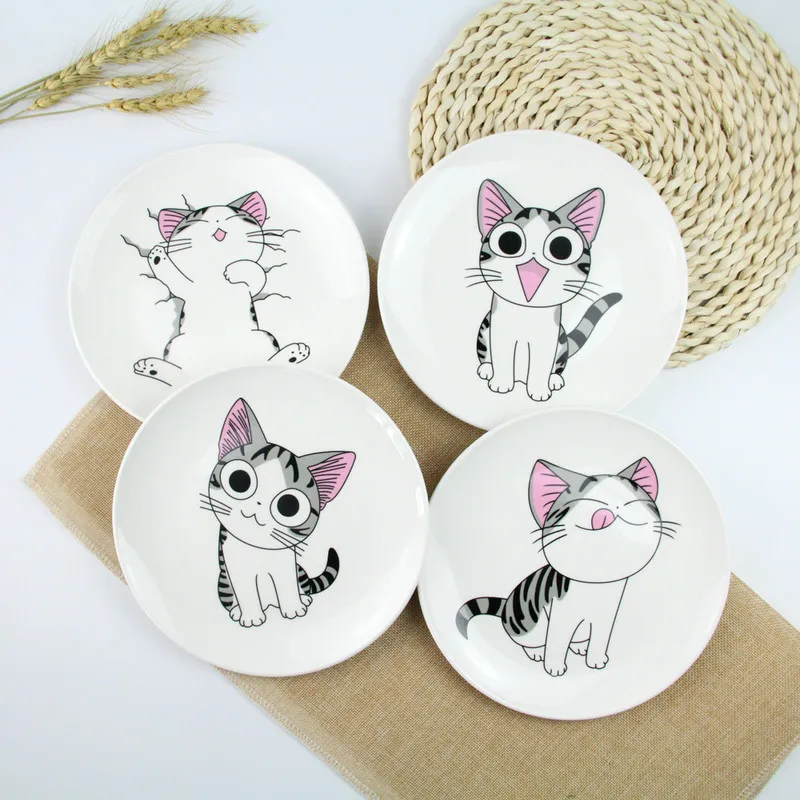 

1 PC Cute Cartoon Cat Creative Dishes White Ceramic Plates Steak Western-style Food Rice Soup Bone China Tableware 8"