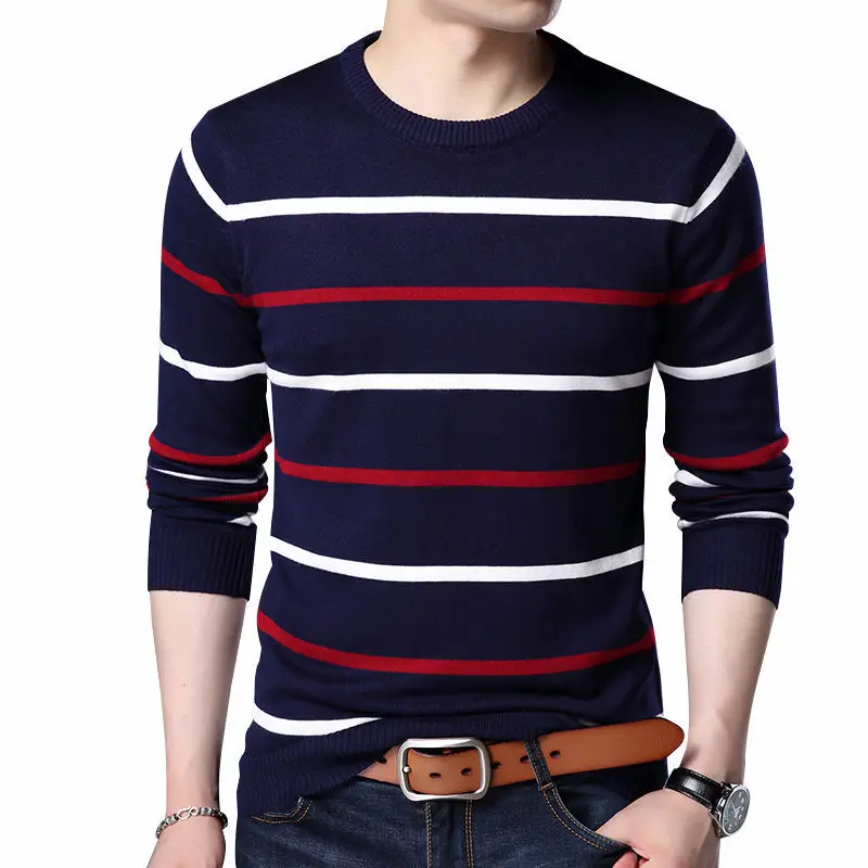 Мужской пуловер, брендовая одежда, осень-зима, шерстяной приталенный свитер, мужской повседневный Полосатый пуловер - Цвет: Navy