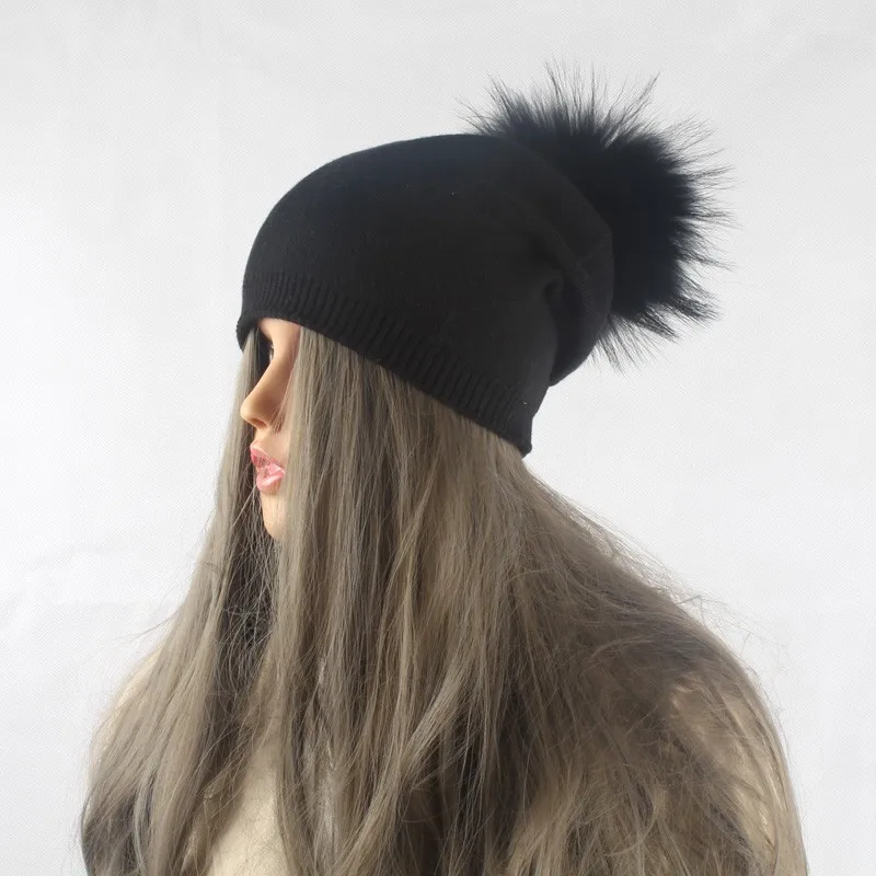 Осенне-зимняя Шапка-бини с помпоном, женская вязаная шерстяная шапка Skullies, повседневная женская шапка с помпоном из натурального меха енота