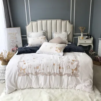 

Luxury Princess Style Stars Embroidery Flannel White Blue Girl Bedding set Fleece Fabric Duvet Cover Bed sheet/Linen Pillowcases