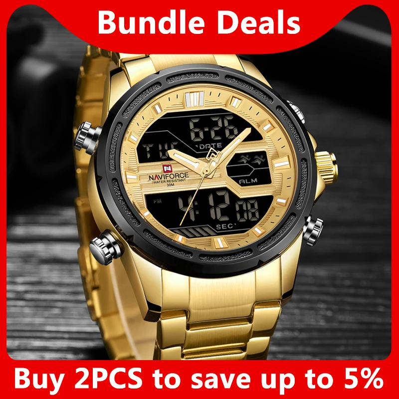 Naviforce Top Luxury Brand Mens Digital Analog Military Golden Steel Watch Fashion Sport Waterproof-2