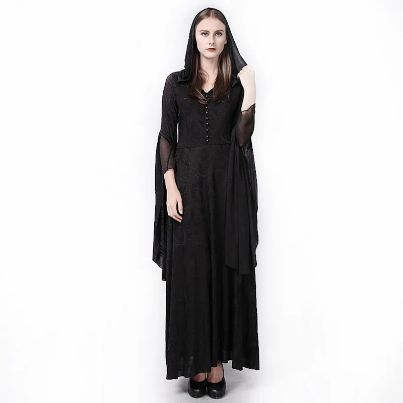 

2016 Punk Style Gothic knitted Hooded V Neck Long Sleeve Printed Dress Halloween Costume Women Casual Slim Fit Witch Clothing