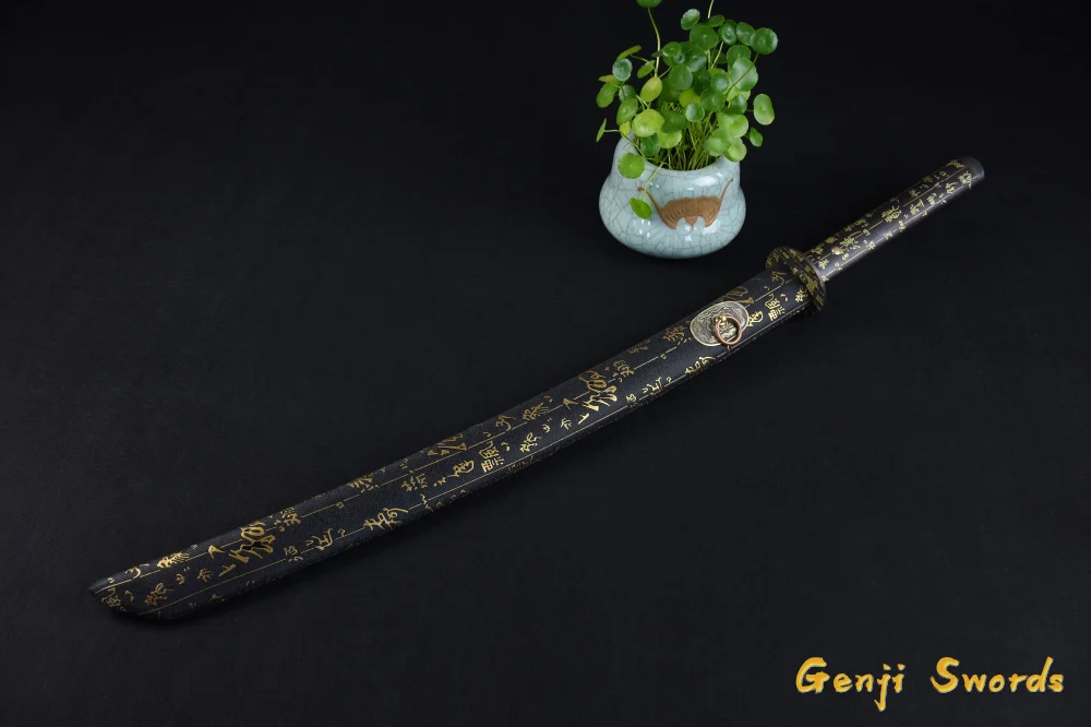 Handmade Japanese Black Samurai Wakizashi Sword High Manganese Steel Real Katana Sharp Edge Chinese Words Saya