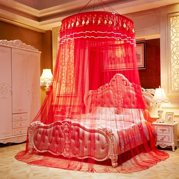 

Chinese Red Romantic Mosquito Net for Honeymoon Princess Hanging Round Lace Bed Canopy Tent Folding Dome Mosquito Netting 6 Size