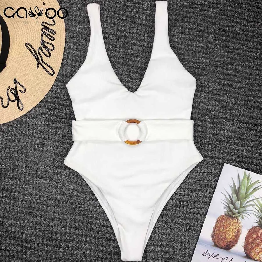NEW Neon Bikini Women White Swimwear V Neck One Piece Swimsuit Female Bather Bathing Suit With Belt Push up Monokini